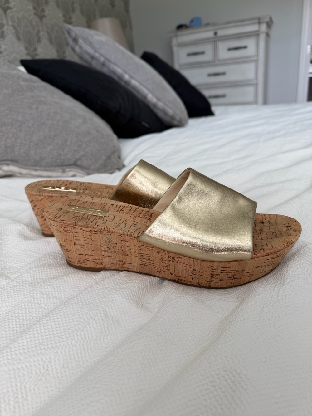 Gold Cork Wedge Slide Sandals for Women